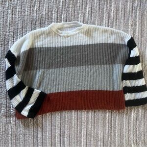 Striped Crewneck Sweater in White, Gray & Rust with Black-White Sleeves